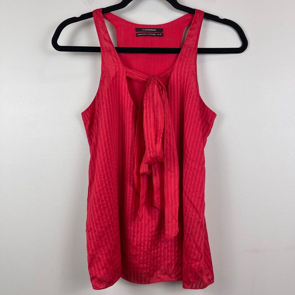 Club Monaco Top Womens XS Red 100% Silk Tie Neck Sleeveless Blouse Valentines